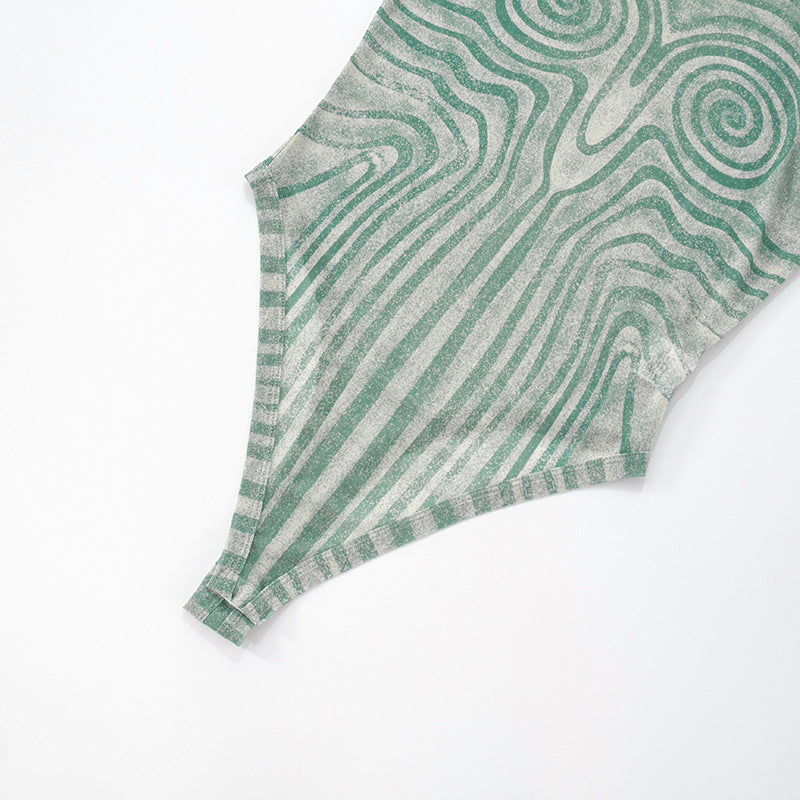 Women's Slim Geometric Pattern Print Round Neck Sleeveless Bodysuit Wide-Leg Pants Two Piece Set 17