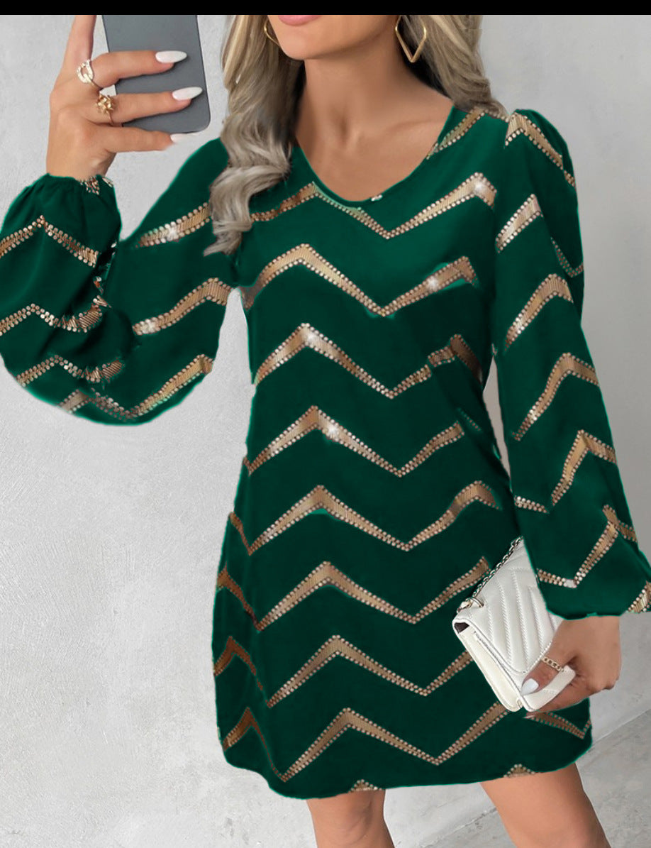 Women long sleeve printed u-neck puff sleeve dress 6