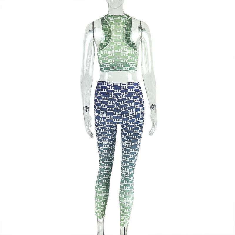 Women's Sporty Hollow-Out Printed Slim-Fit Pants Set Tank Top & Leggings 6