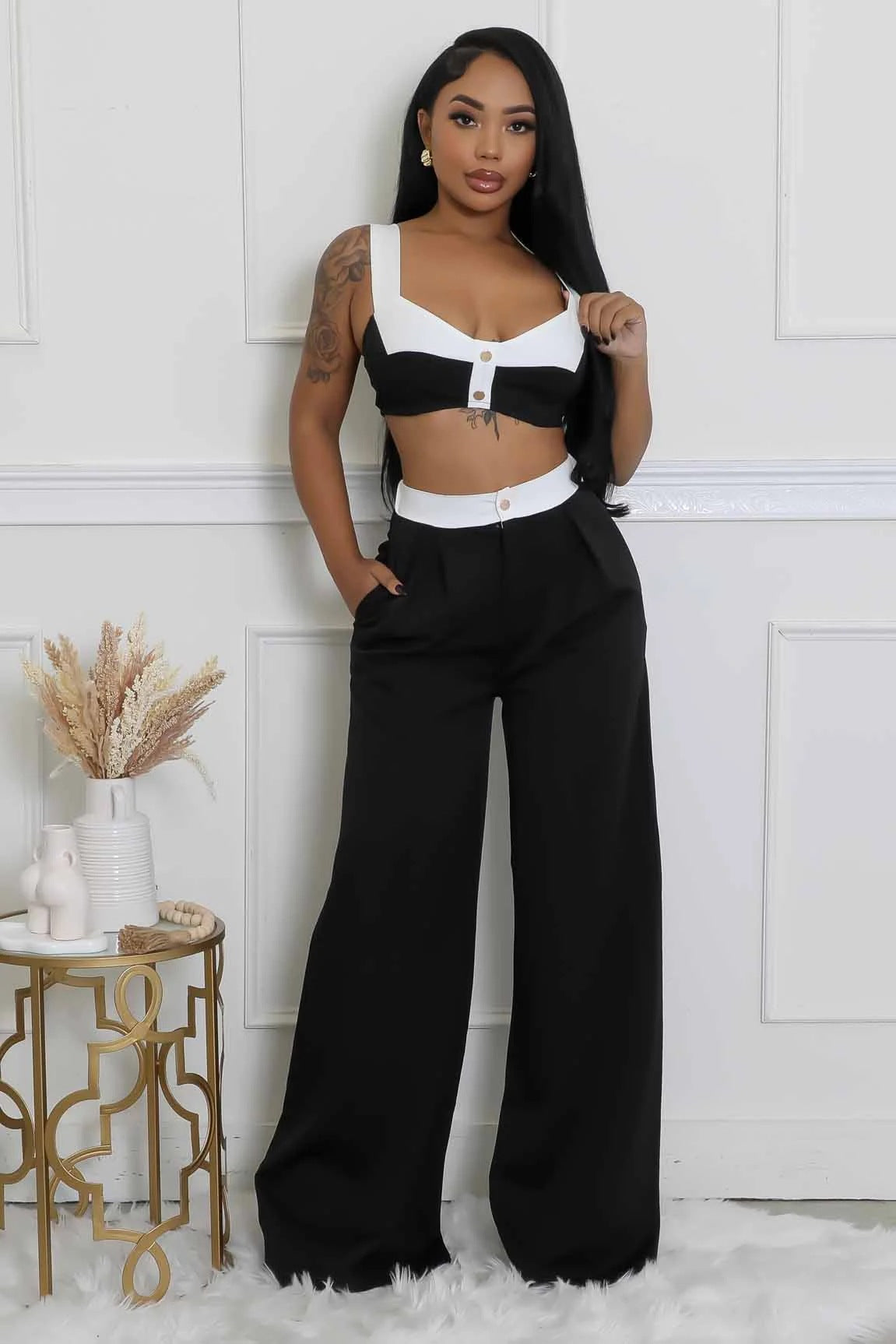 Women's Sleeveless Color-Block High-Waisted Wide-Leg Pants Set 21