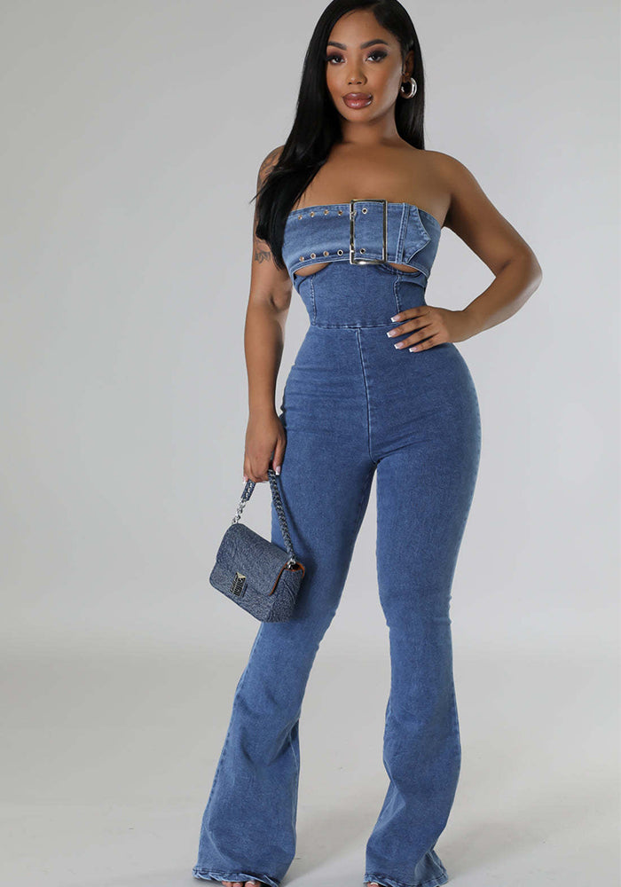 Women Casual Sexy Strapless Backless Adjustable Strap Denim Jumpsuit