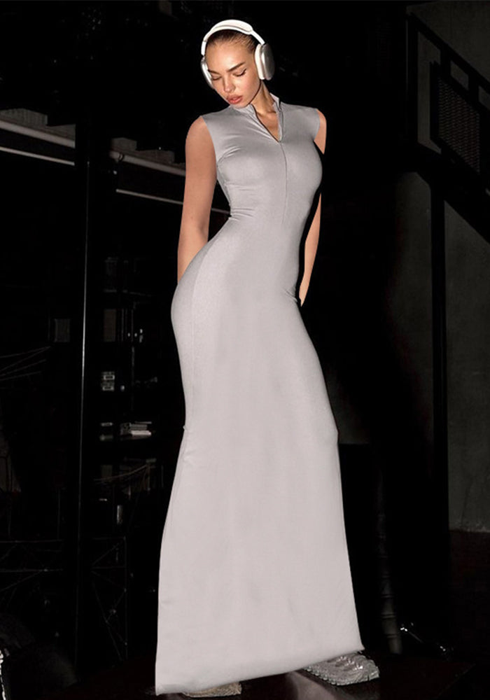 Women's Summer Solid Color Casual Zipper Sleeveless Slim Women's Long Dress