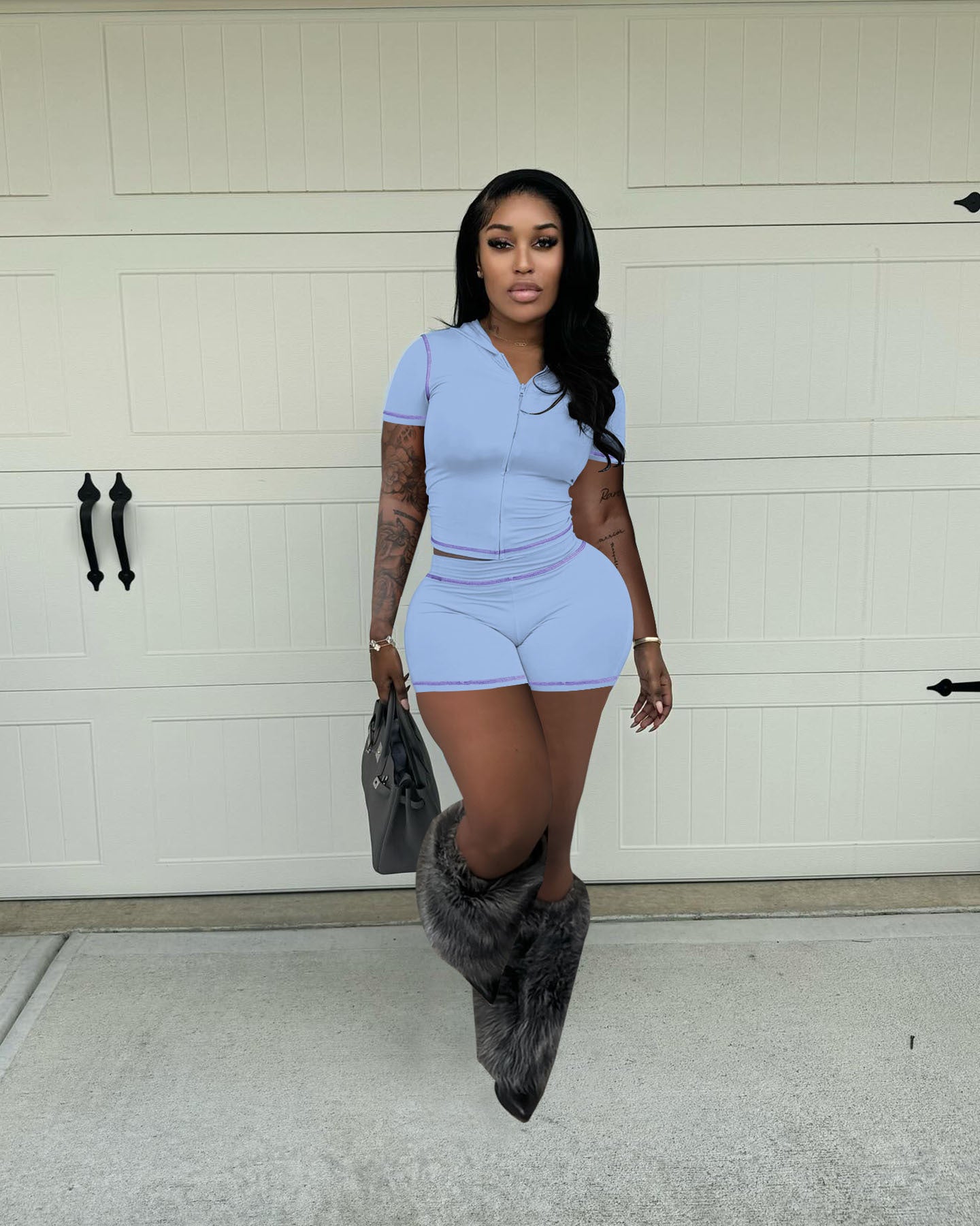 Summer Zipper Hooded High Stretch Sports Casual Short Sleeve Two Piece Shorts Set 4