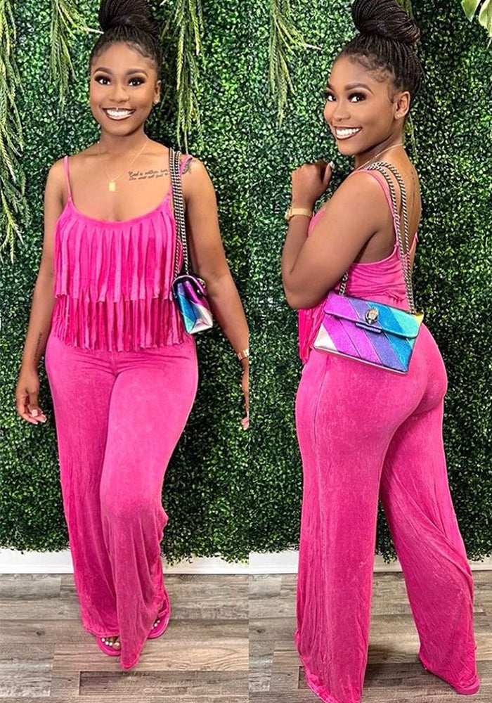 Women Summer Fashionable Strap Solid Color Tassel Slim Jumpsuit