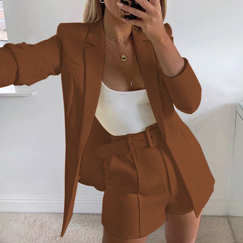 Women fashion Blazer+Shorts with belt Two-piece 38