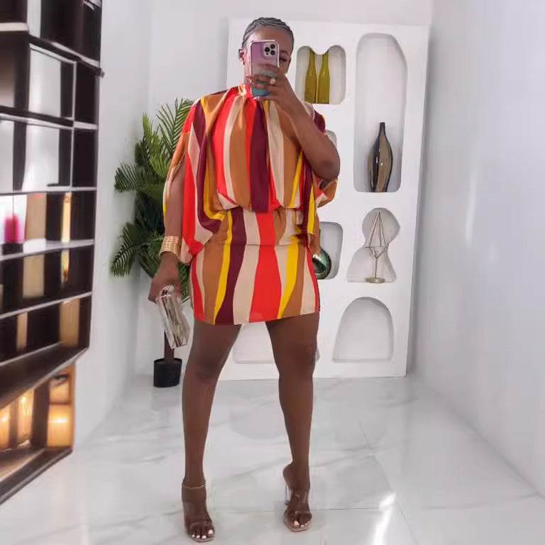 Women Sexy Color Stripe Print Lace-Up Bat Sleeves Bodycon Dress 8