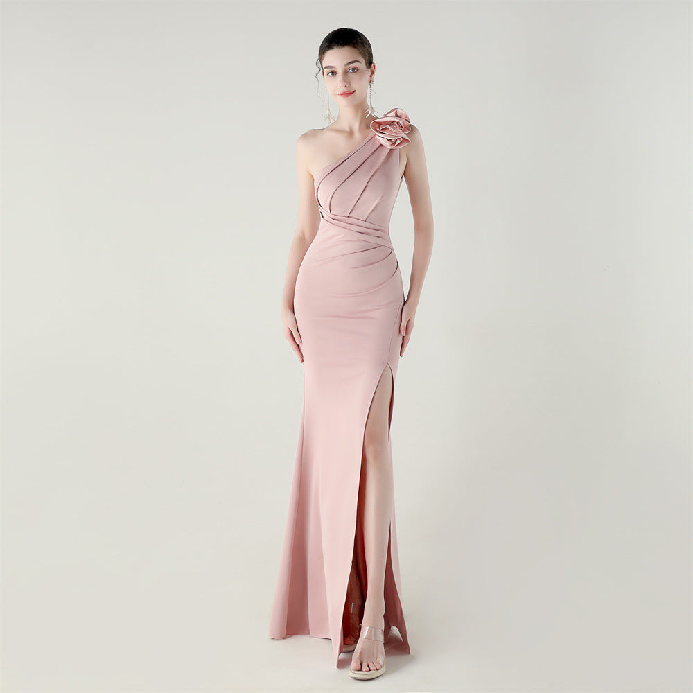Women one-shoulder flower satin slit sexy evening dress