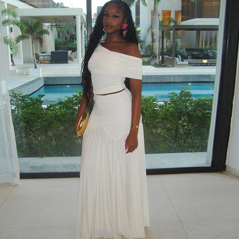 Women's Solid Color Sexy Off Shoulder Slim Top Pleated Skirt Trendy Two Piece Set