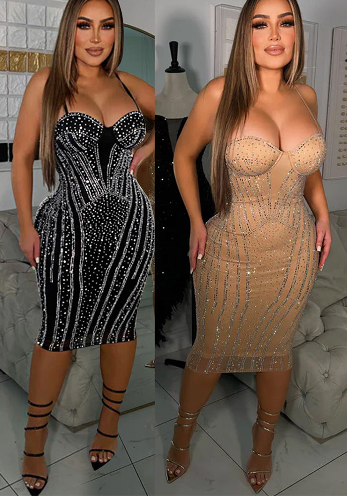 Fashion Women's Solid Color Sexy Beaded Mesh Strap Dress 4