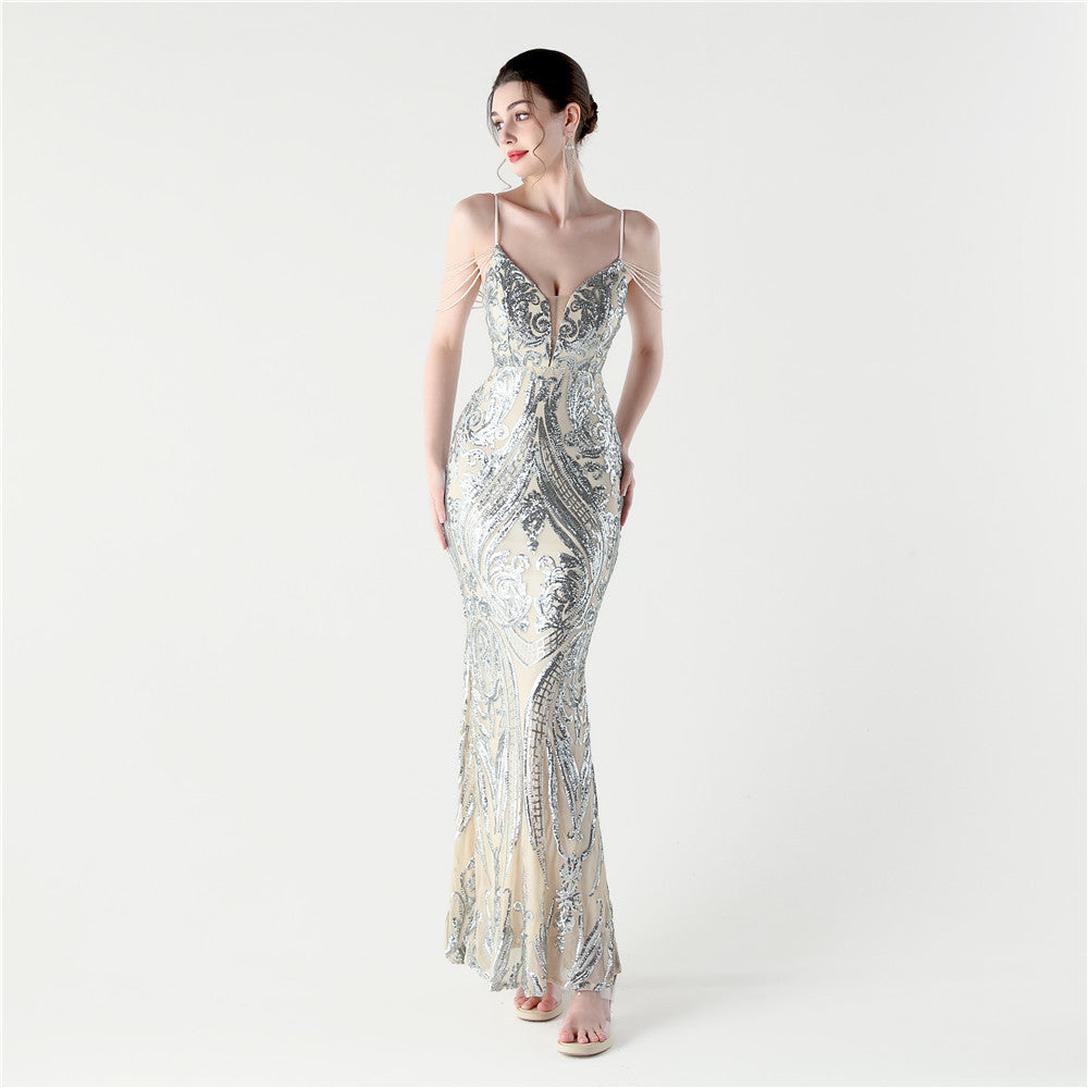 Sequin Beaded Fishtail Evening Dress Deep V Neck Formal Party Gown 5
