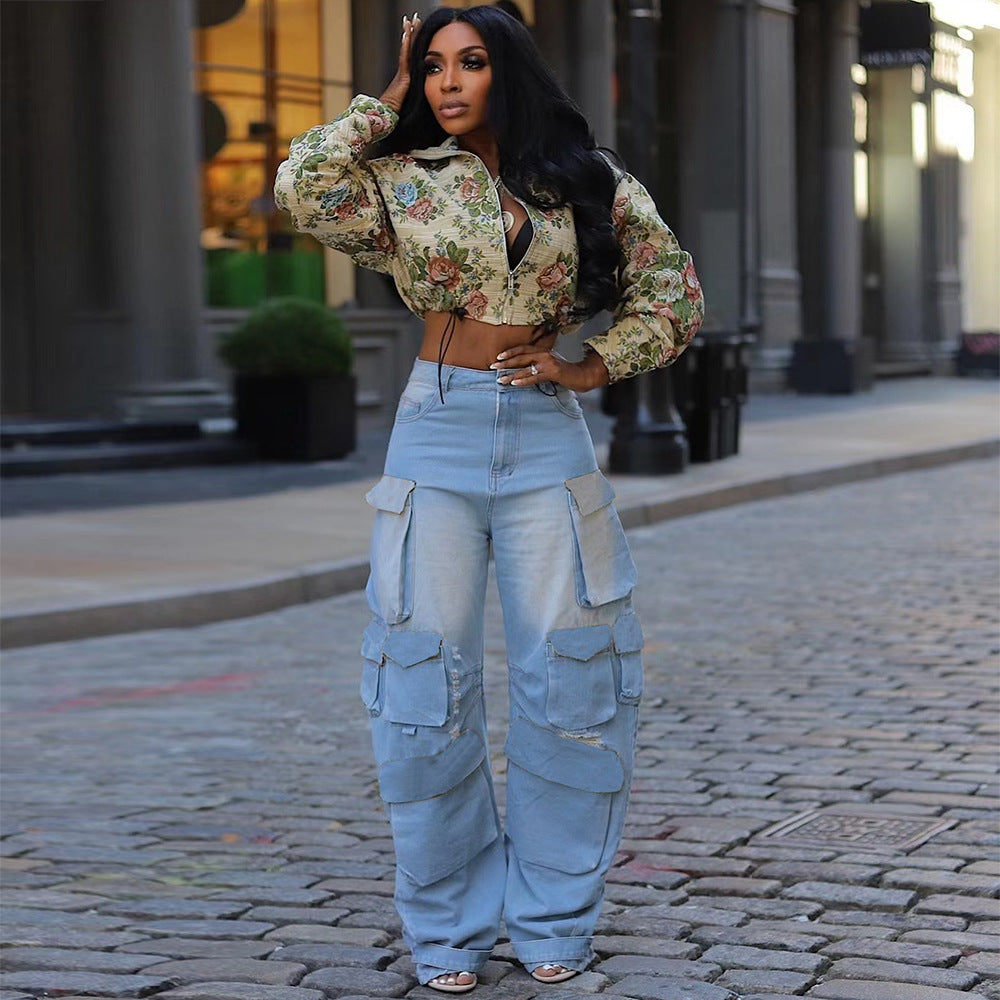 Autumn Crop Drawstring Flower Jacquard Long-Sleeved Women Jacket 4