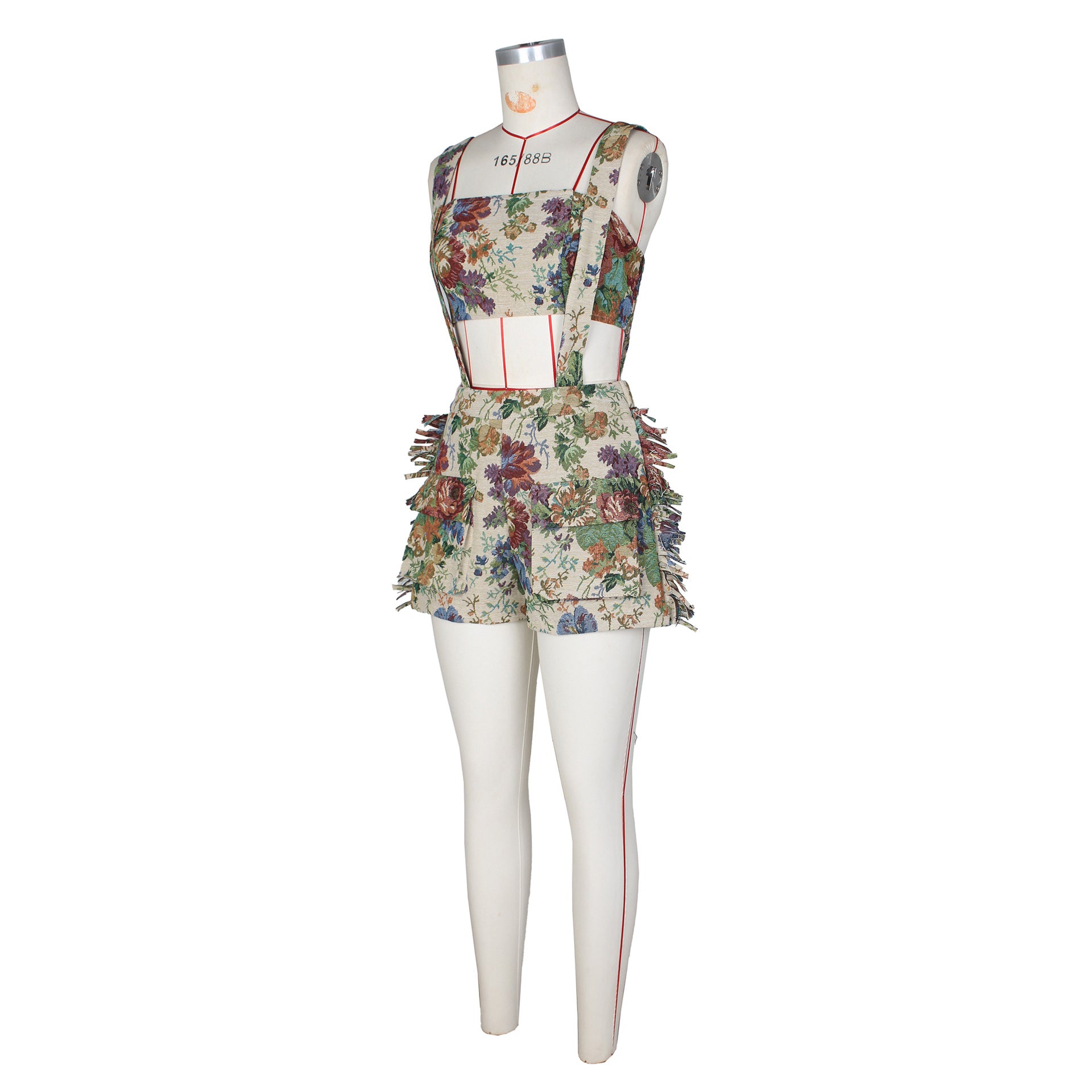 Street retro floral French court Women strapless top tassel suspender shorts two-piece set 9
