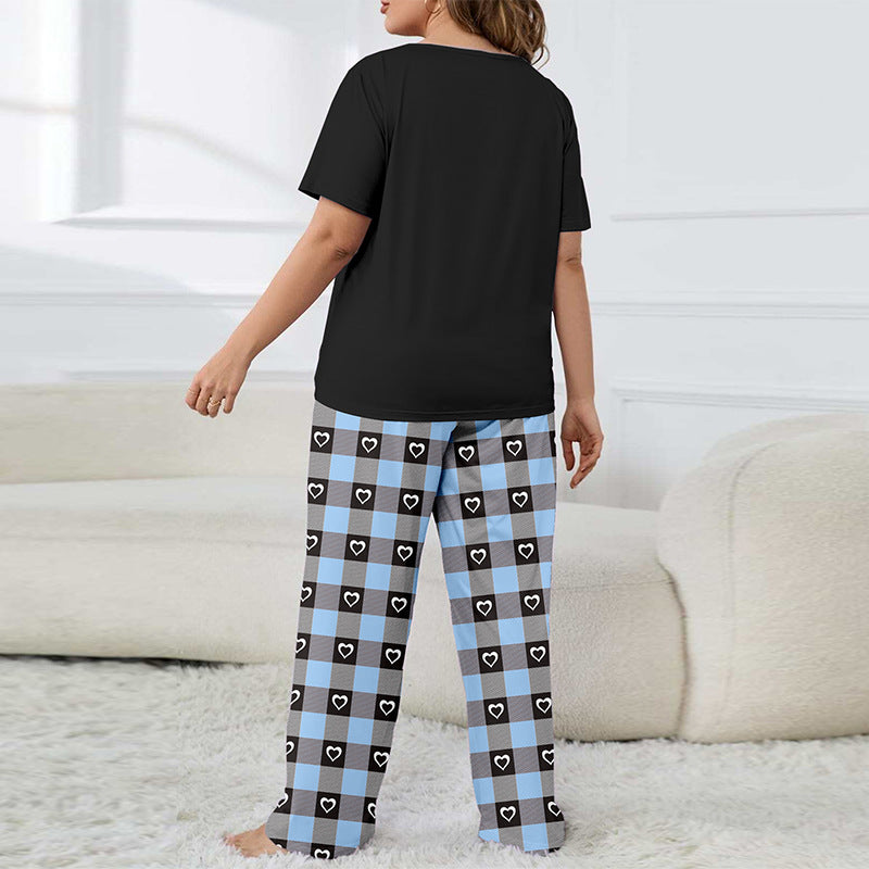 Heart Print Plaid Casual Loungewear Plus Size Pajama Set 6