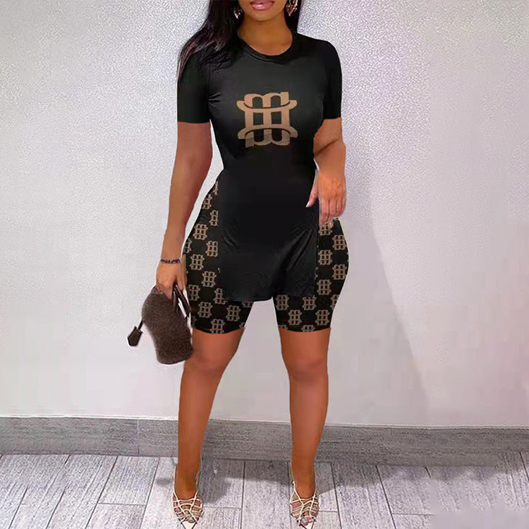 Women Letter Print Slit Short Sleeve Top + Shorts Two-Piece Set 3