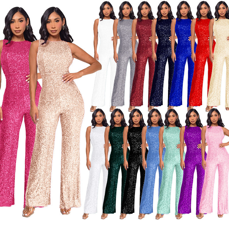 Sleeveless Sequin Round Neck Slim Fit Women's Jumpsuit