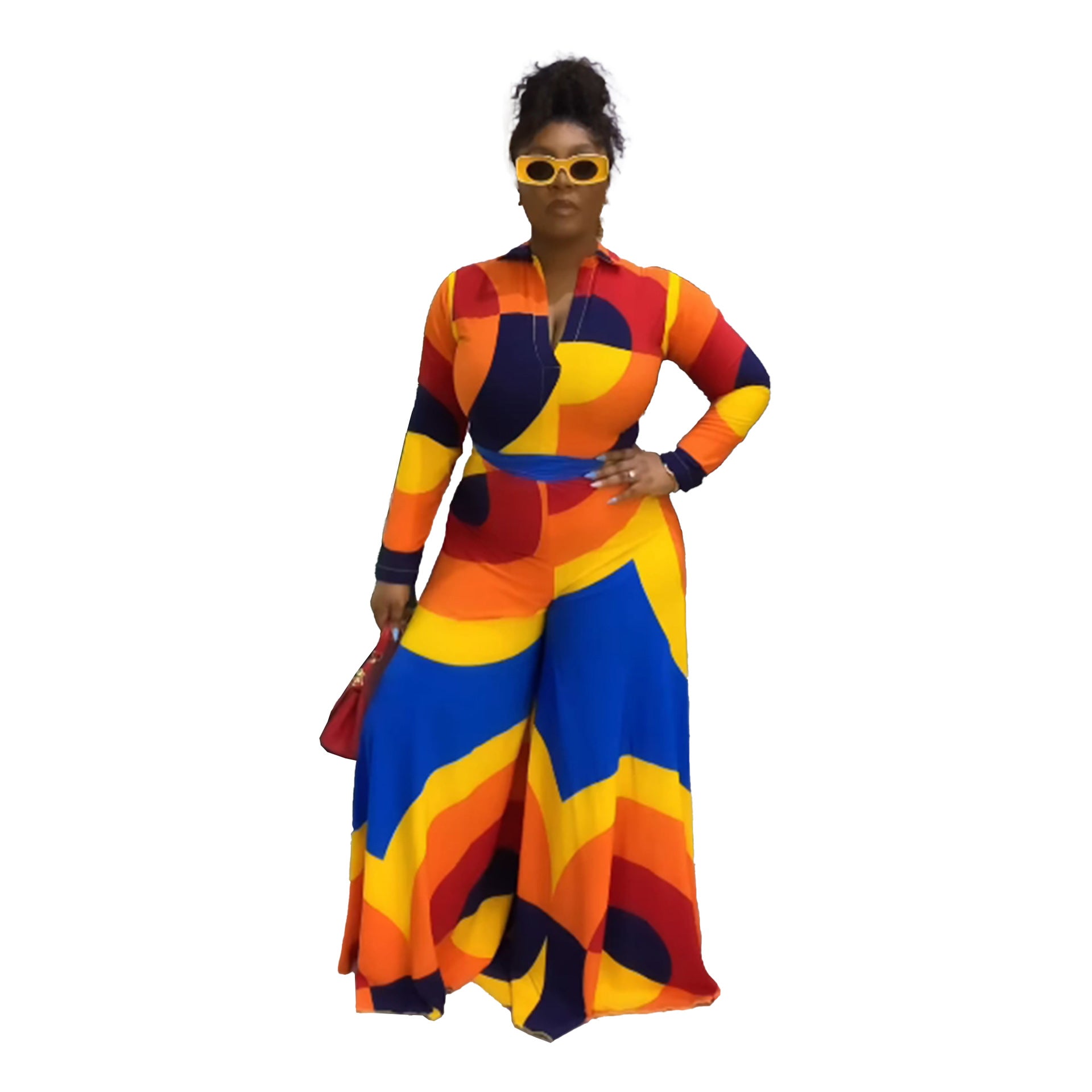 Sexy Slim Deep V Printed Wide Leg Turndown Collar Slim Waist Long Sleeve Jumpsuit 5