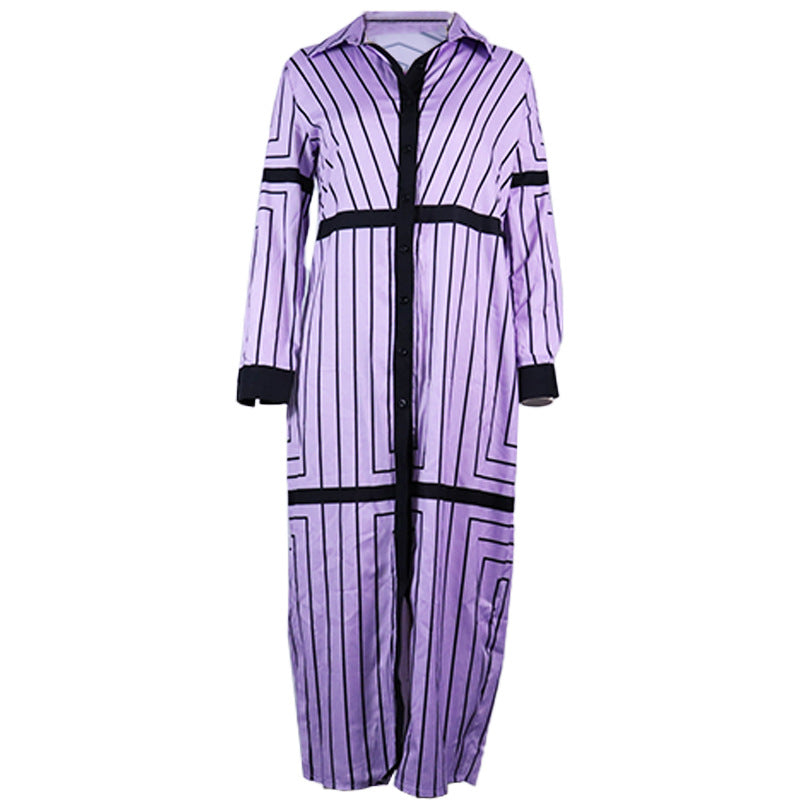 Women Spring Turndown Collar Long Sleeve Striped Dress 3