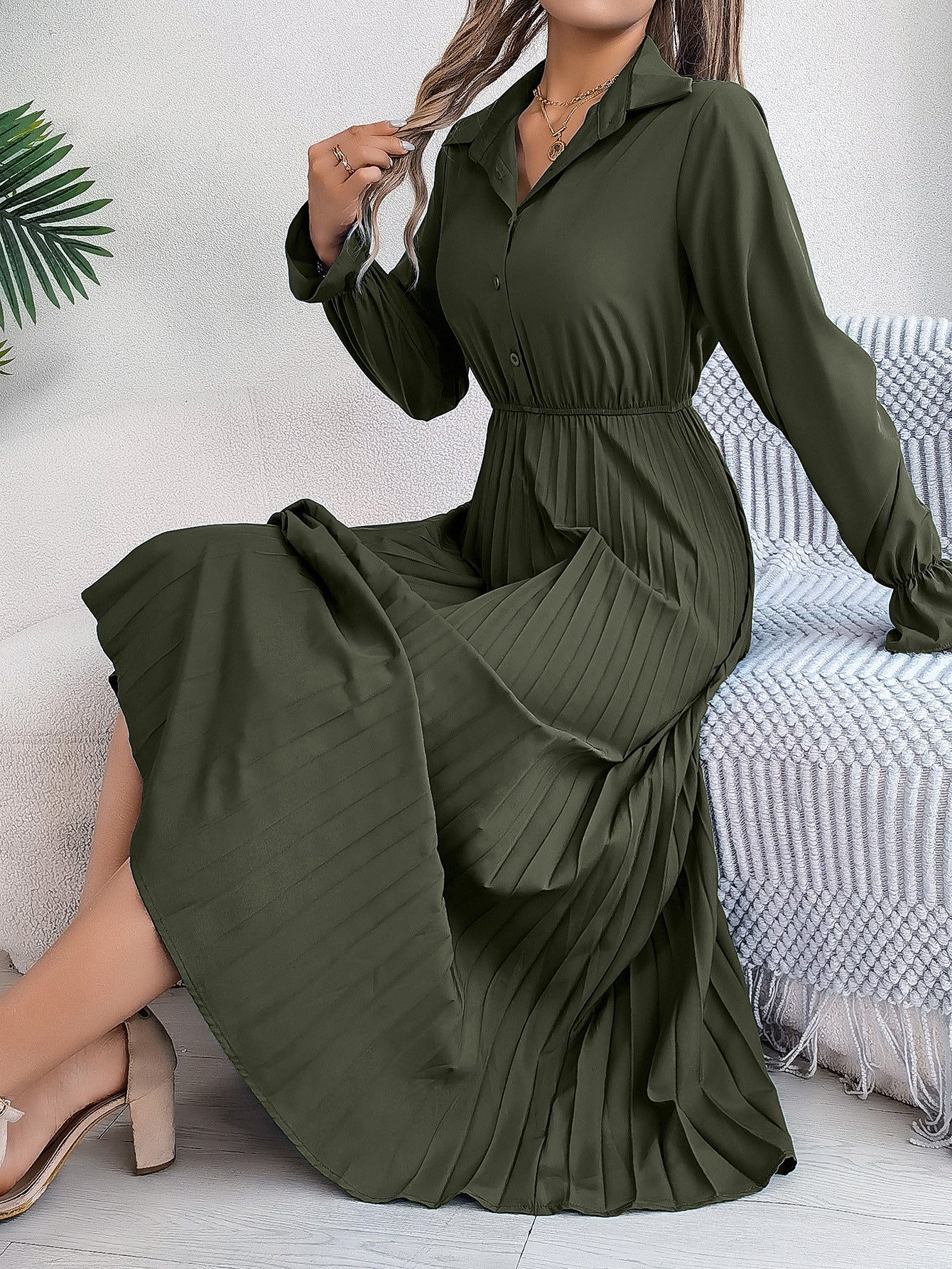 Autumn Winter Casual Turndown Collar Button Long Sleeve Slim Waist Pleated Women's Long Dress 13