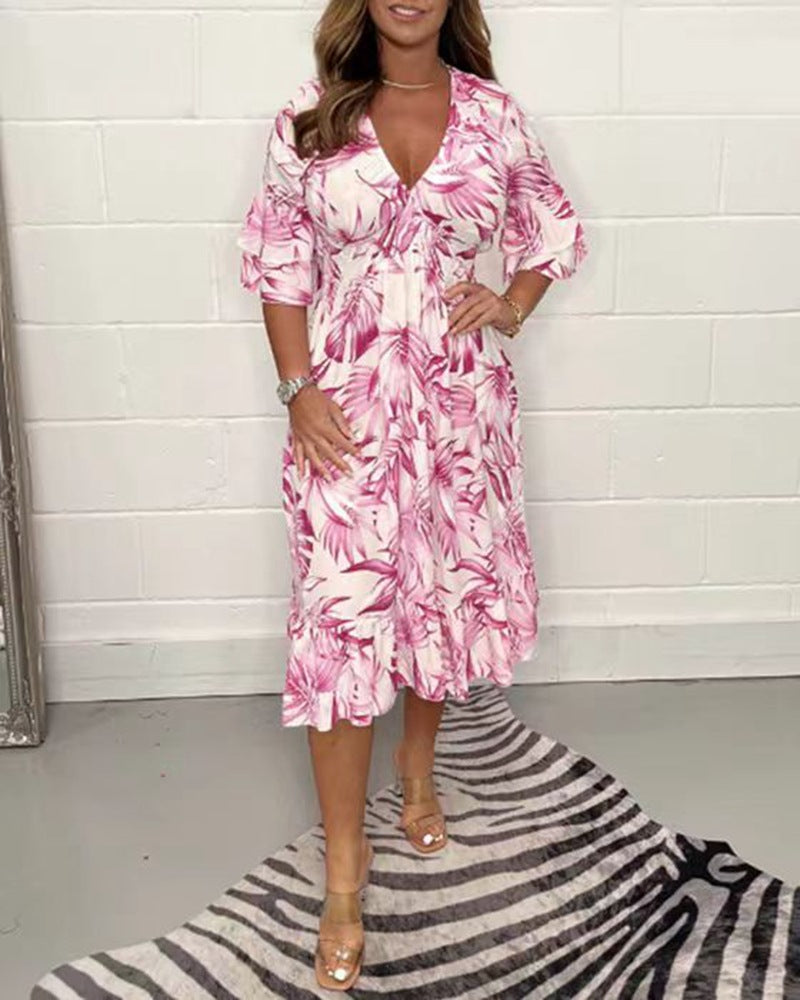 Summer Printed Casual V-Neck Long-Sleeved Dress 3
