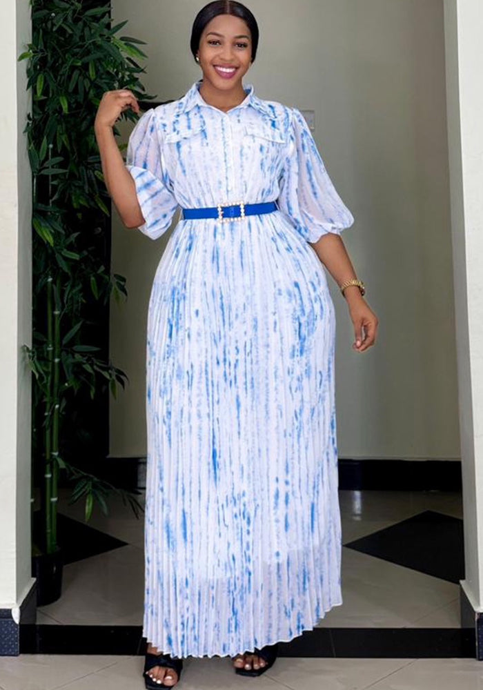 African Women Printed Turndown Collar Long Sleeve Chiffon Dress with Belt