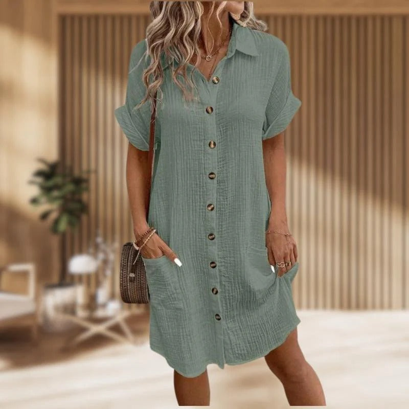 Casual Linen Button-Up Solid Color Loose Shirt Dress 12