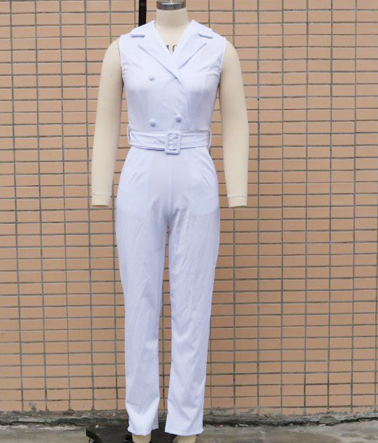 Summer Women'S Solid Color Turndown Collar Sleeveless Professional Jumpsuit 9