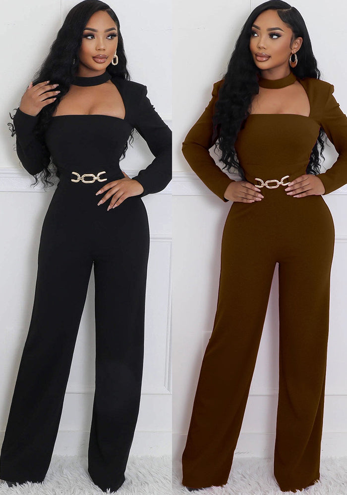 Elegant Cutout Neck Long Sleeve Wide-Leg Jumpsuit