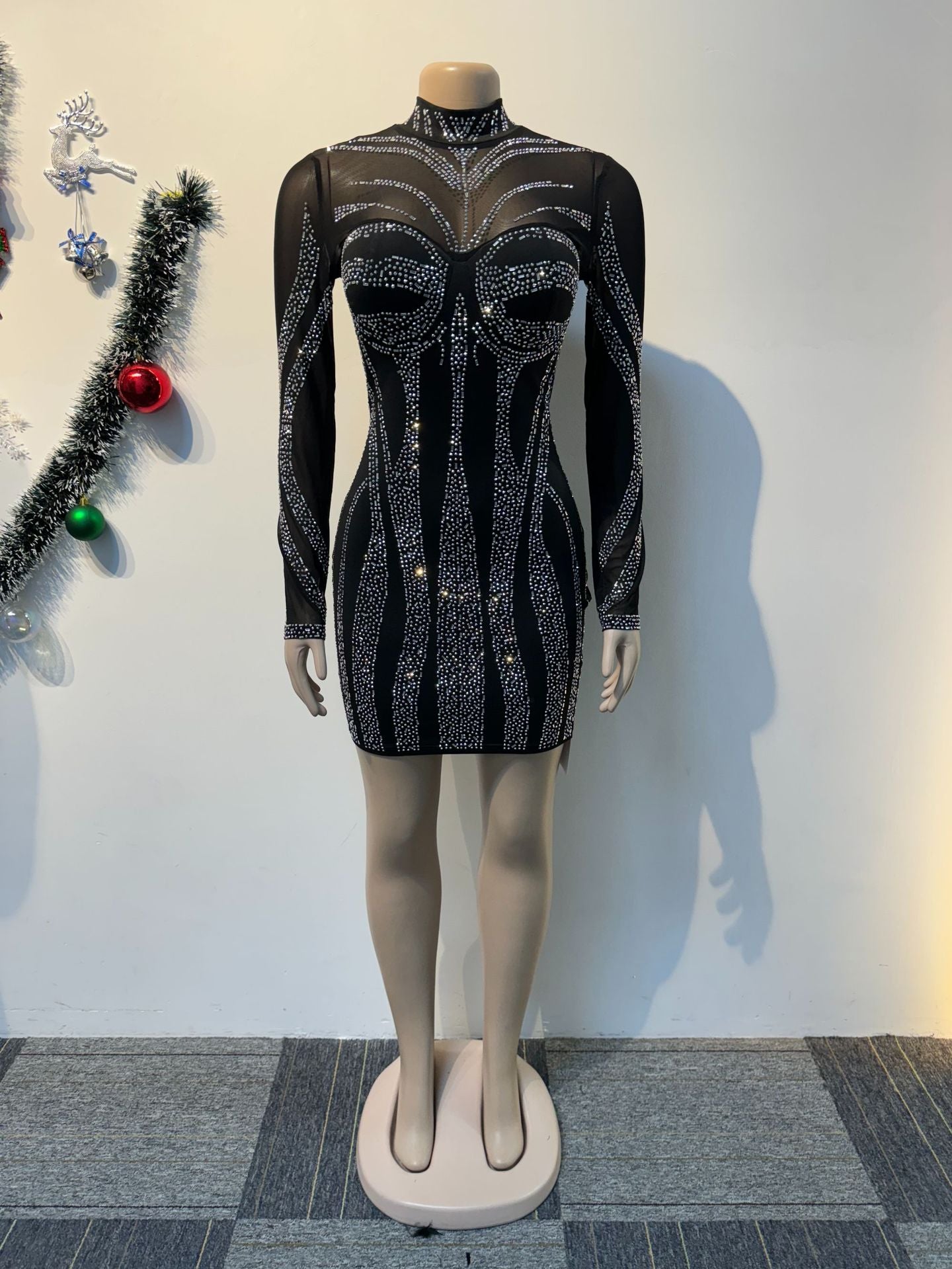 Sexy See-Through Beaded Mesh long sleeve Bodycon club dress 6