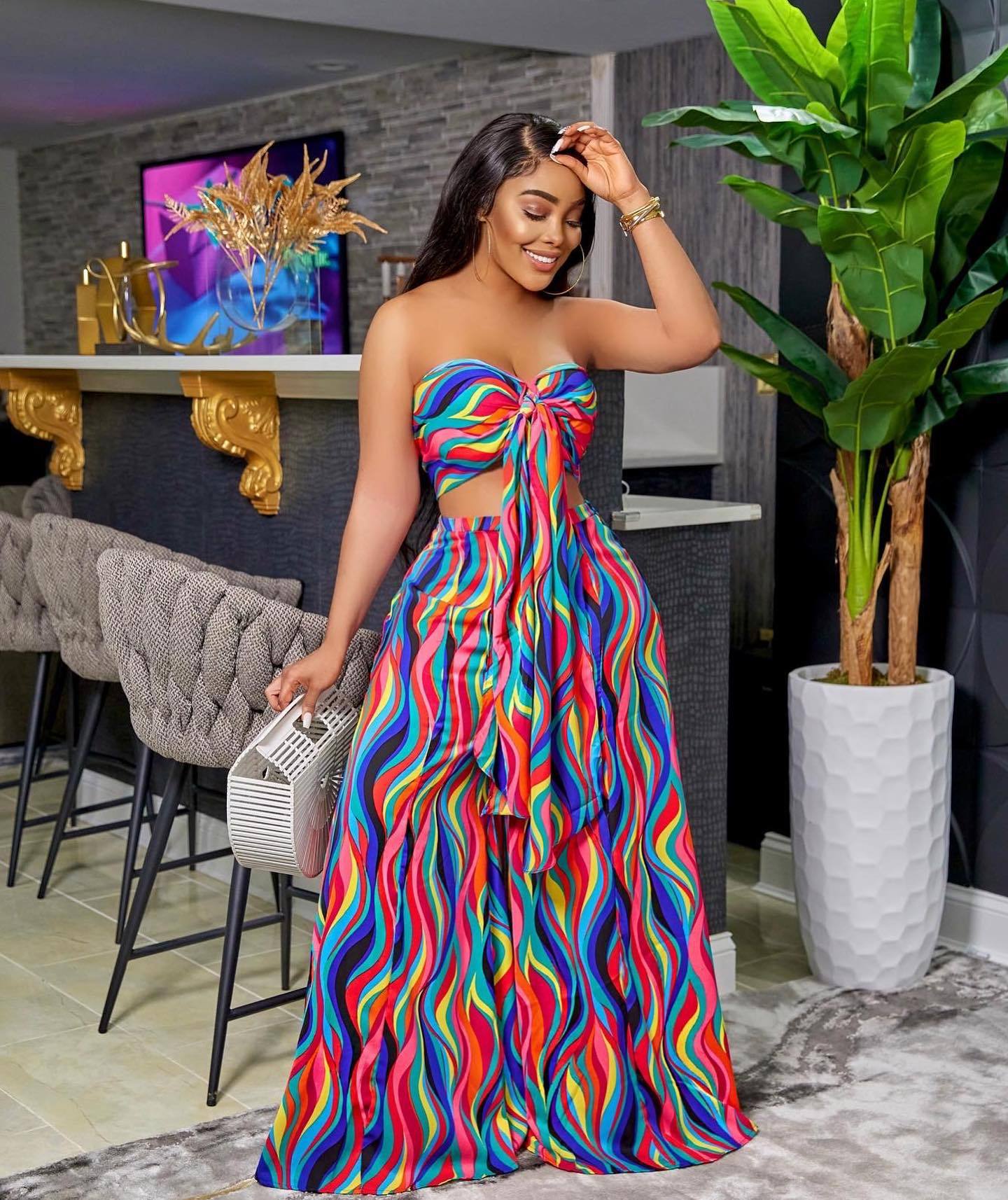 Women's Spring/Summer Colorful Print trapless Tube Top Wide Leg Pants Two Piece Set