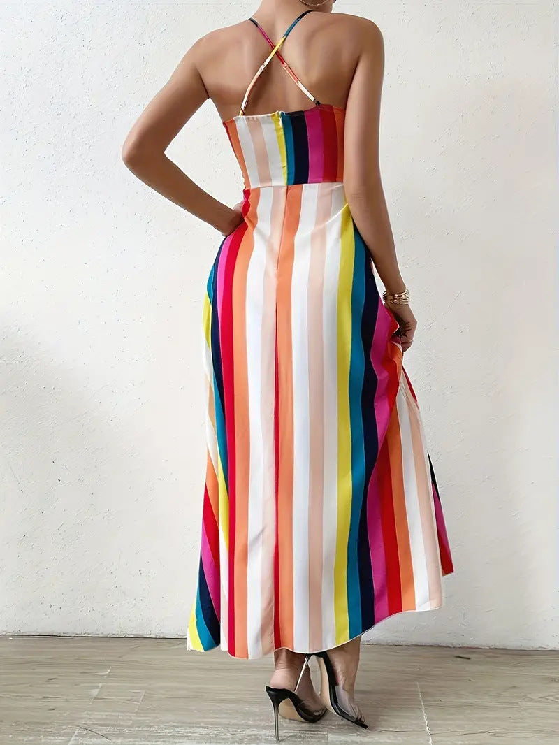 Women Backless Rainbow Suspender Print Dress 7