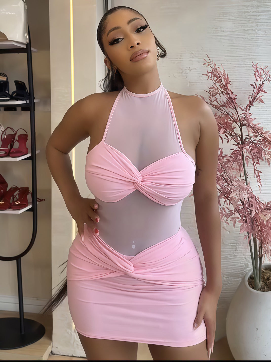 Women early fall solid sleeveless halter neck sexy bodycon mini dress.