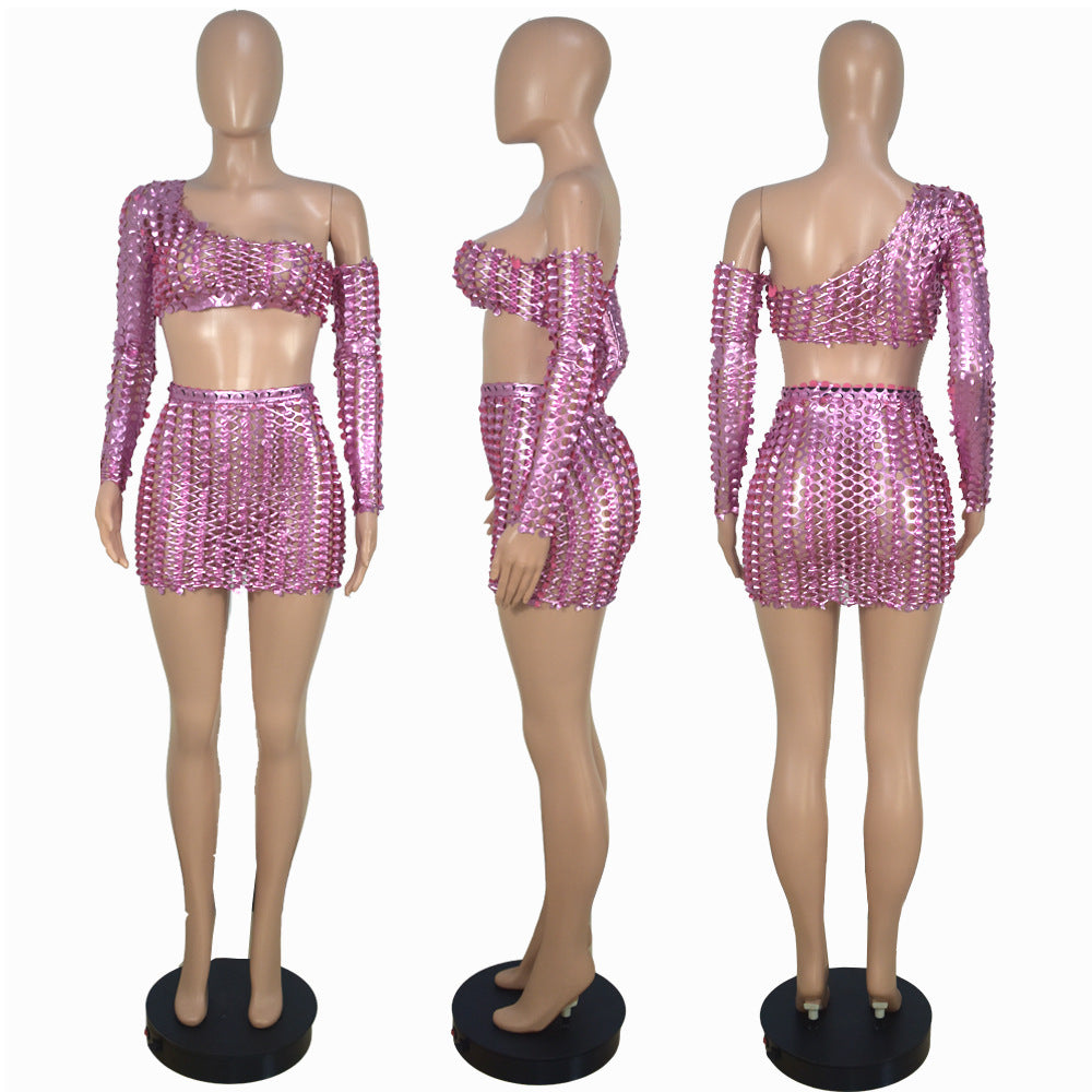 Women Sexy Mesh Hollow Hollow Long Sleeve Crop Top + Skirt Two Piece Set 7