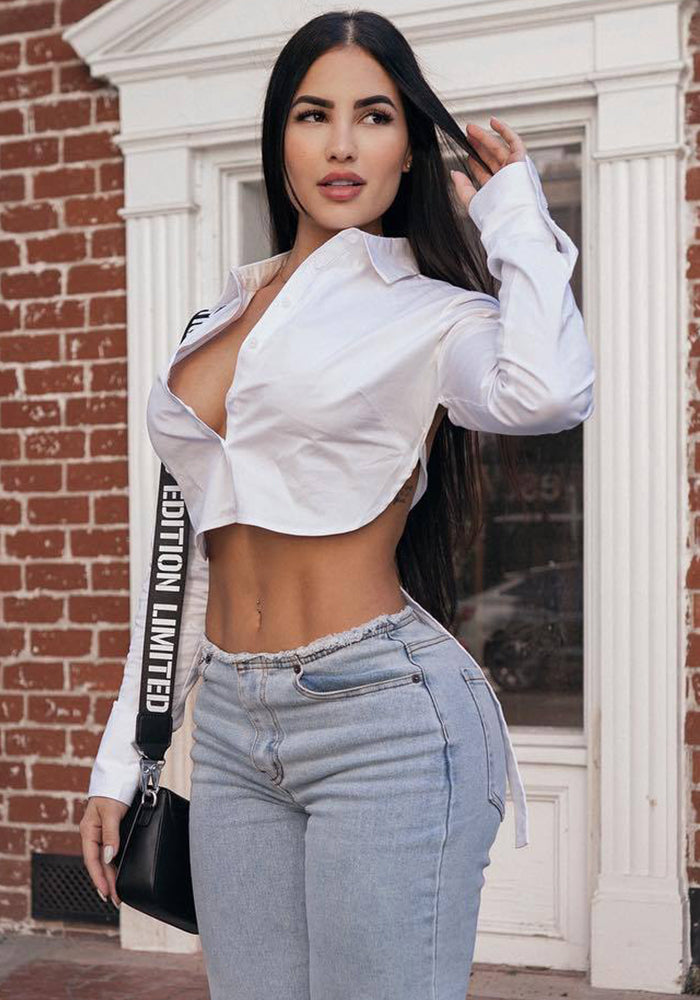 Autumn solid color Turndown Collar long-sleeved crop Slim Waist shirt