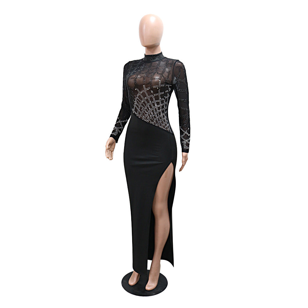 Women High Neck Long Sleeve Beaded Slit Party Dress 13