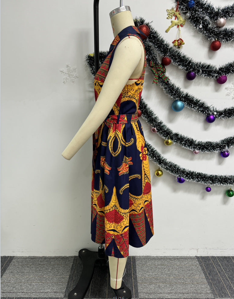 Sexy Printed Turndown Collar Sleeveless Slim Waist African Dress 6