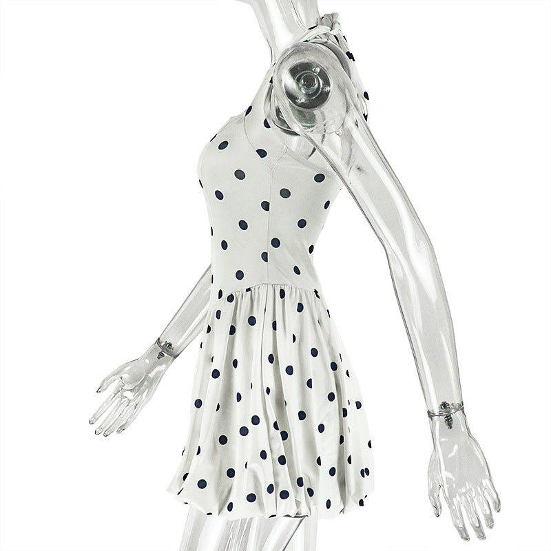 Women Black and White Polka Dot Pleated Halter Neck Sleeveless Dress 7