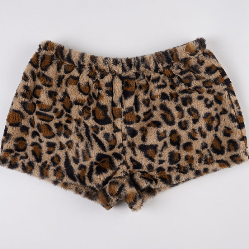 Women Leopard Print Off-Shoulder Long-Sleeved T-Shirt and Furry Shorts Two-Piece Set 32