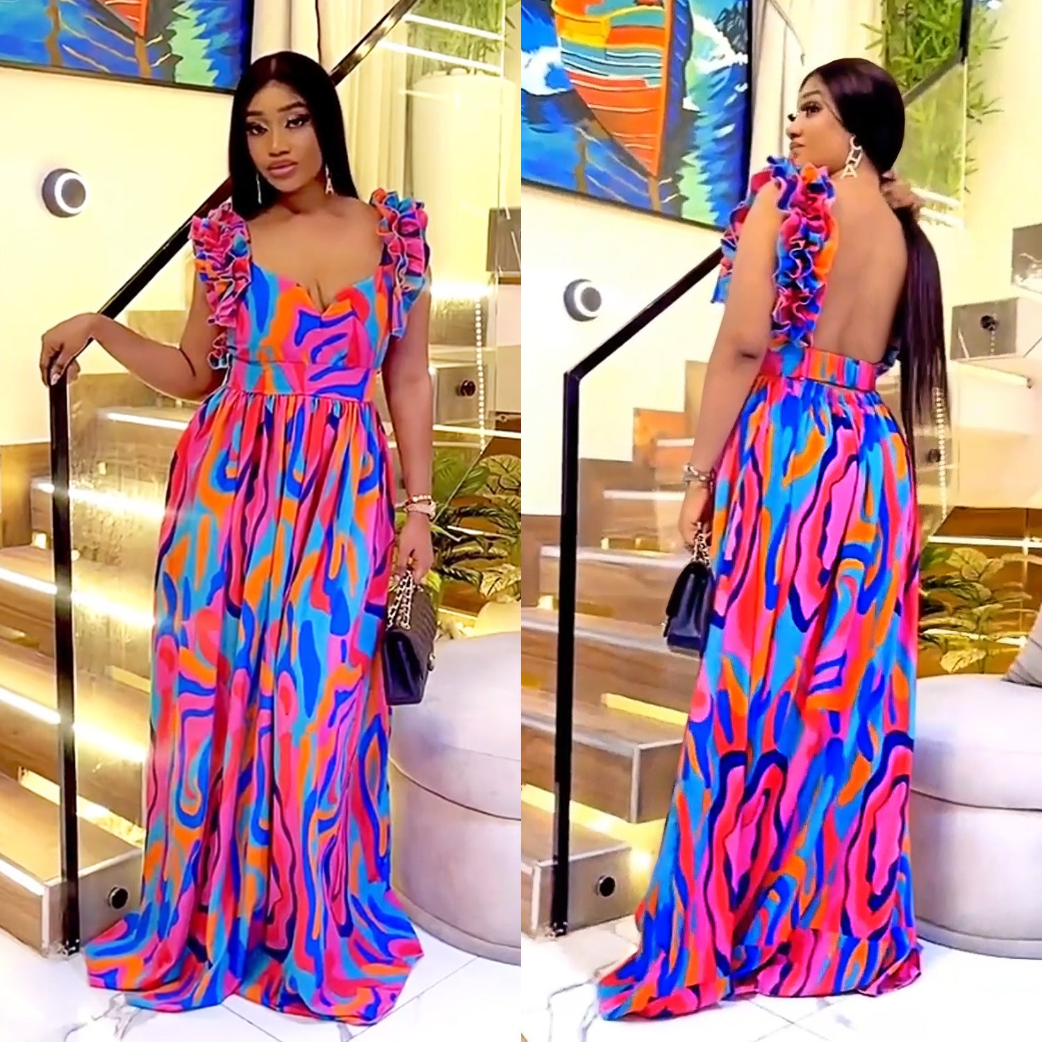 Women elegant ruffled shoulder strap printed dress