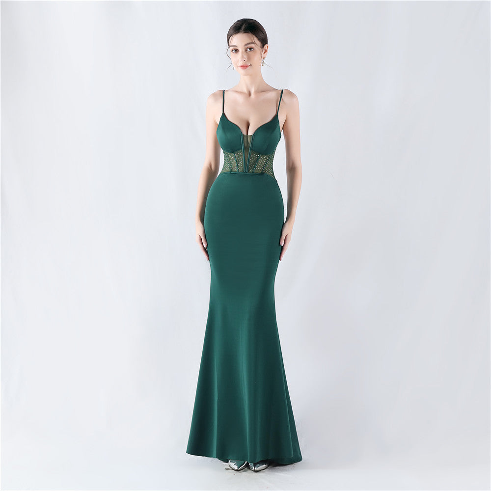 Women fishbone Fitted Mesh Beaded Bodycon fishtail evening dress 8