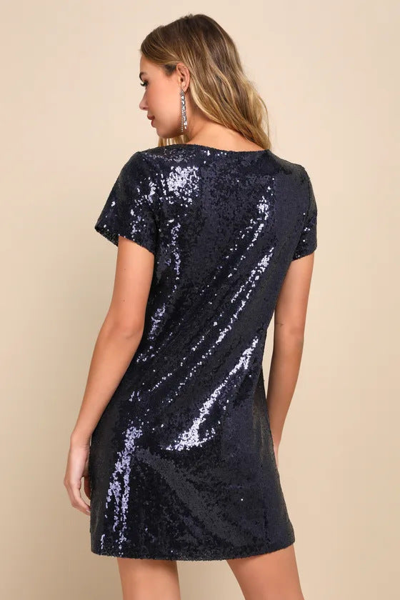 Fashionable v-neck short-sleeved Casual sequined party dress for women 6