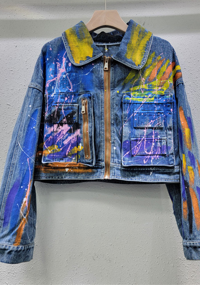 Fashionable Hand-Painted Graffiti Cargo Denim Top Women's Loose Shorts Jacket