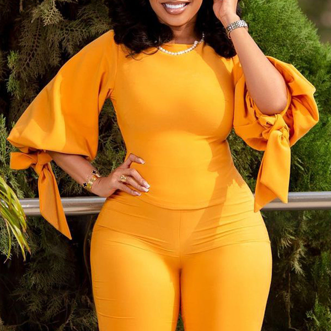 Women's Spring Fashion Chic Slim Fit Solid Lace-Up Bubble Sleeve Shirt