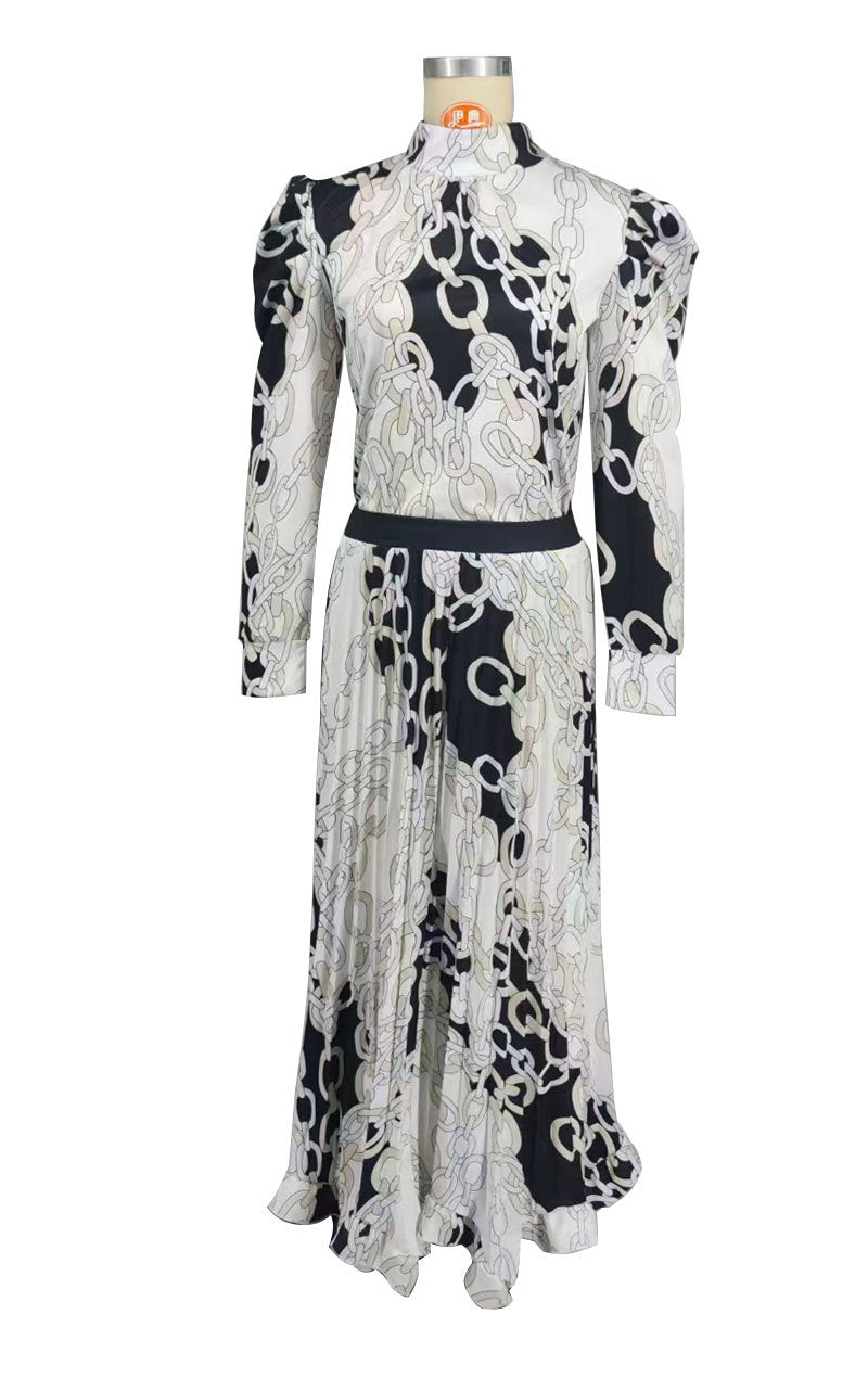 Women Fall Casual Long Sleeve Pleated Print Top and Skirt Two-Piece Set 8