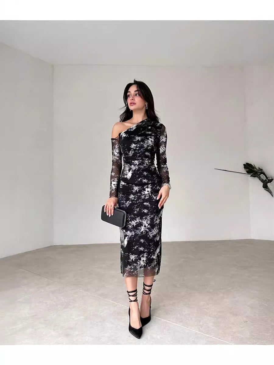 Fall Women Printed Slash Shoulder Bodycon Long Sleeve Dress 4