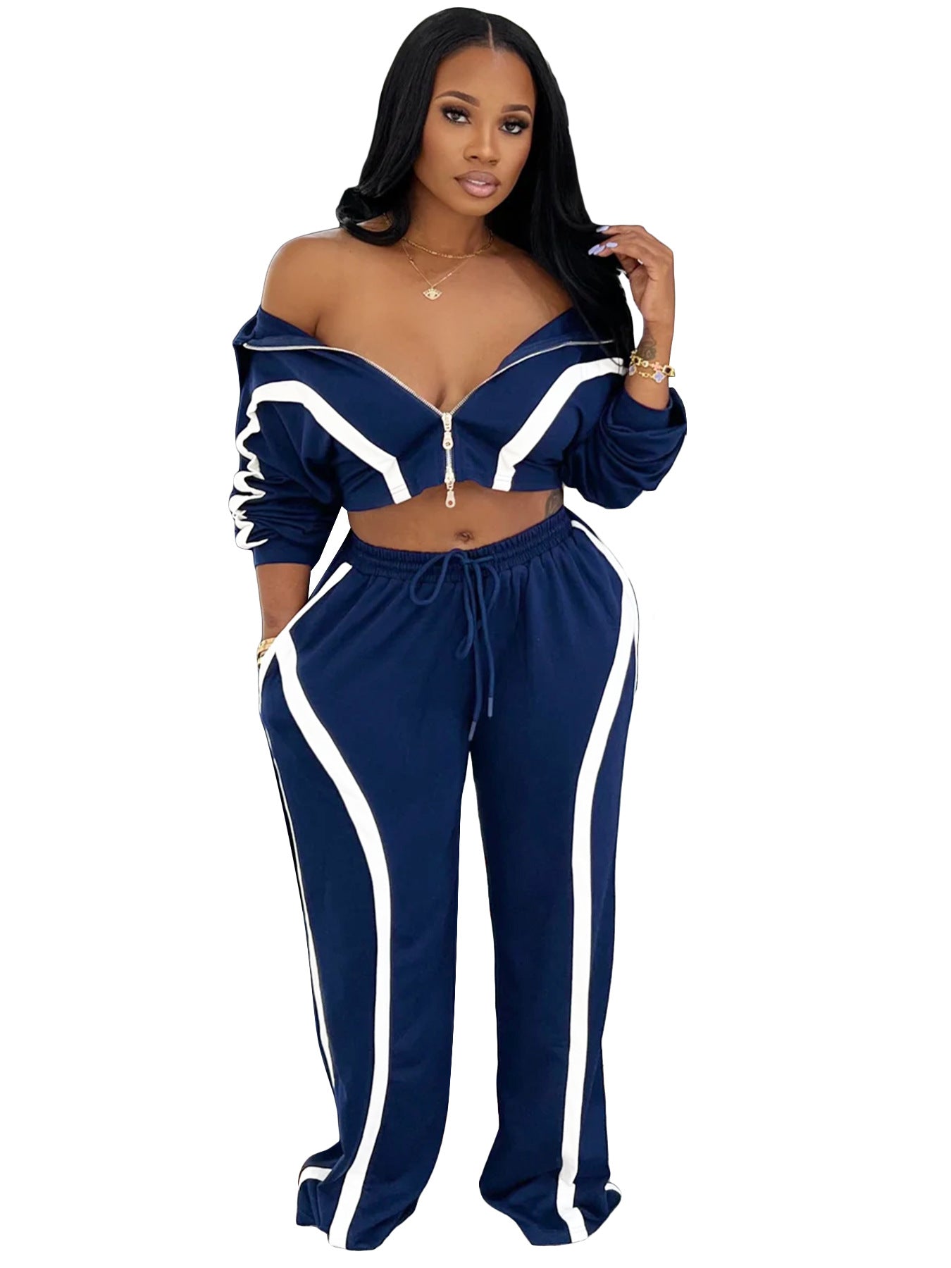 Fashion Women's Striped Patchwork Color Block Zipper Turndown Collar Top Wide Leg Pants Two-Piece Set 6
