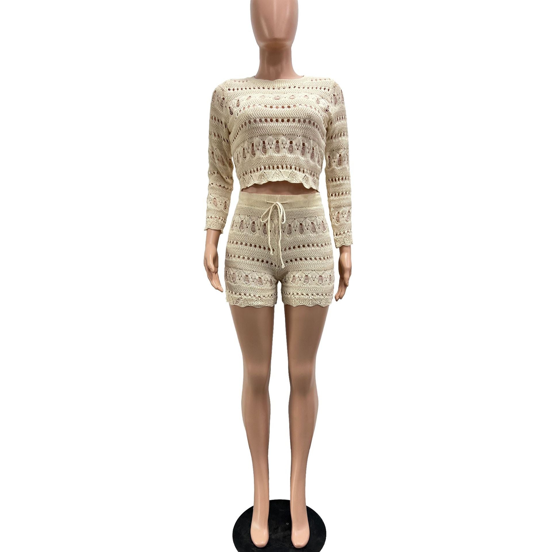 Women's Casual Fashion Round-Neck Crochet Hollow Long Sleeve Knitting Two Piece Shorts Set 11
