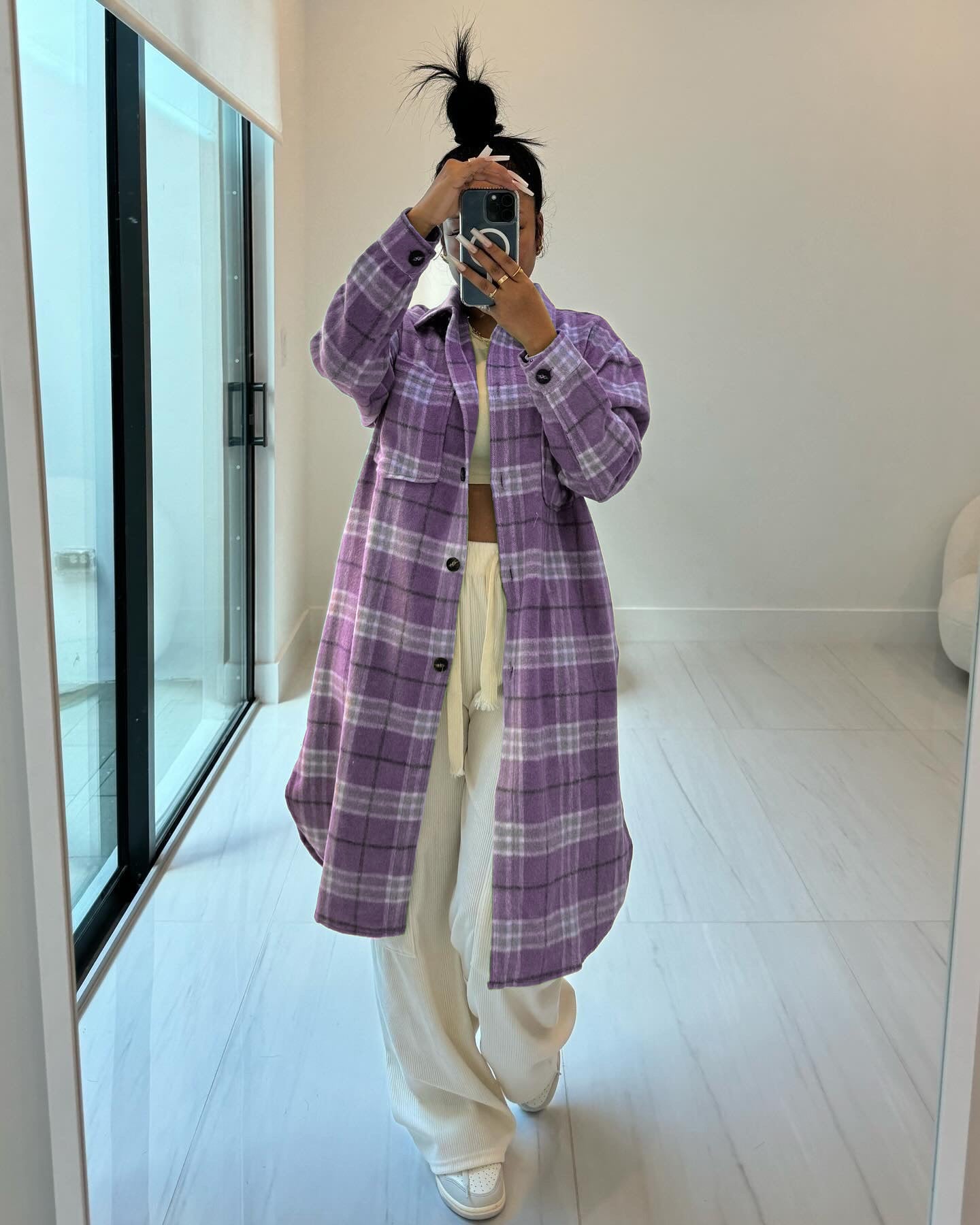 Spring Women's Clothing Fashionable Turndown Collar Pocket Plaid Shirt 5