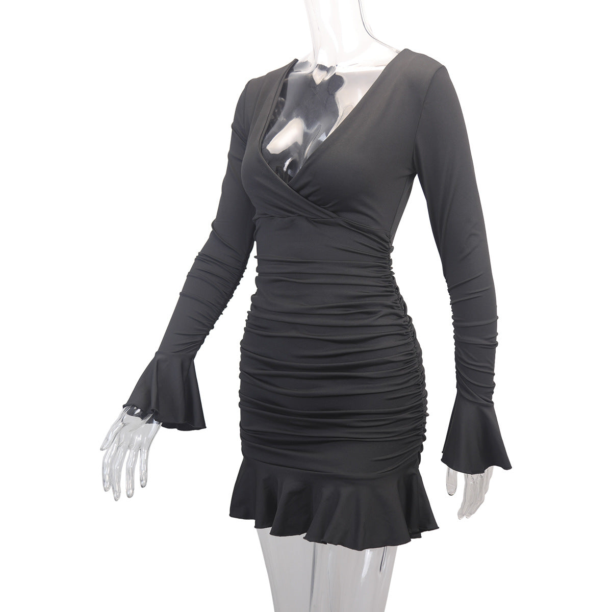 Fashion Sexy Deep V Neck Long Sleeve Ruffle Bodycon Dress 17