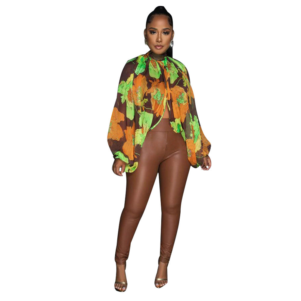 Women's Summer Lace-Up Printed Chiffon Shirt Bat Sleeves Top 17