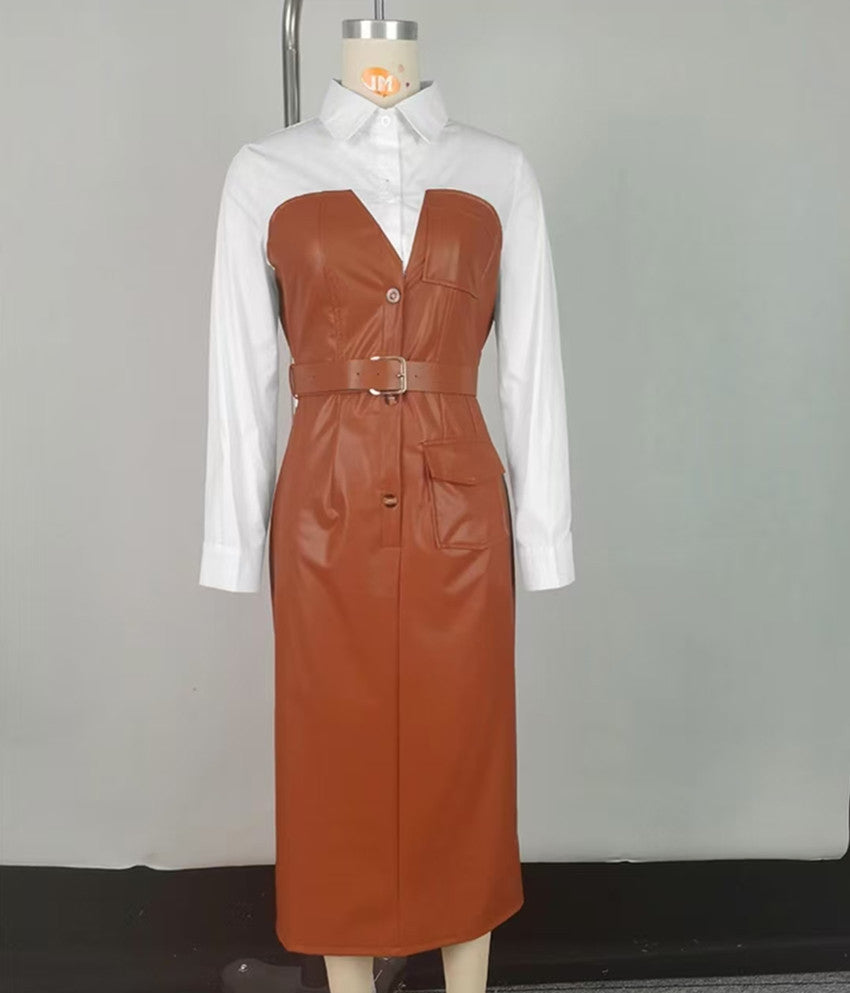 Women Pu Leather Belt Patchwork Contrast Long Sleeve Dress 4